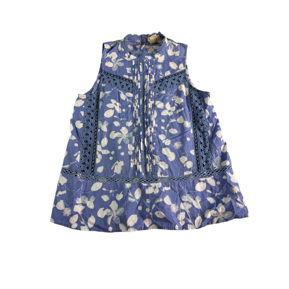 Vanessa Virginia Anthropologie Blue Floral Cotton Lace Sleeveless Blouse 12